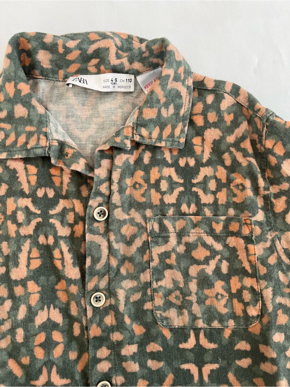 ZARA Olive Green & Peach Animal-Print Button Shirt